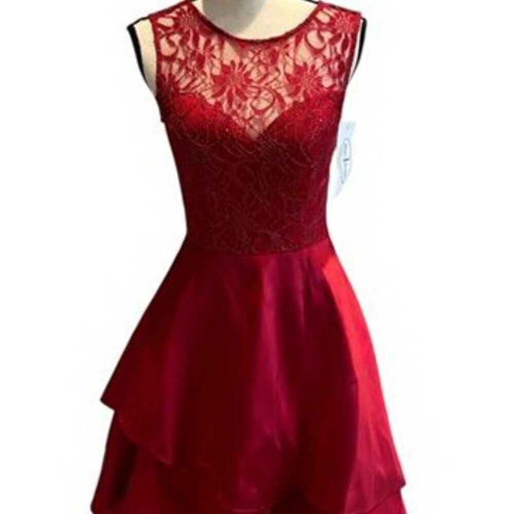 May Queen Burgundy Red Lace Satin Fit and Flare DressMay Queen Burgundy Red Lace